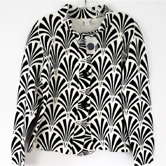 NEW Chico's Empress Cardigan Sweater Sz 1 (MED) Black Graphic Fans Buttons - Picture 1 of 5